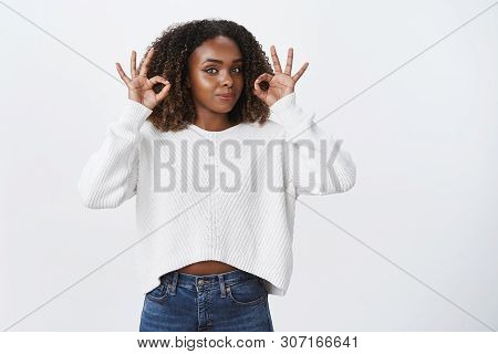 She Got It, Count Done. Portrait Confident Dark-skinned Woman Assuring Work Goes Well Show Okay Ok A