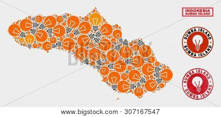 Power Lamp Mosaic Sumba Island Map And Grunge Rounded Seals. Mosaic Vector Sumba Island Map Is Desig