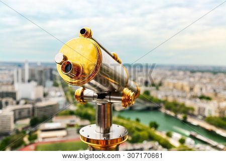 Vintage Coin Operated Telescope Overlooking For Paris From Top Of Eiffel Tower. Monocular At Observa