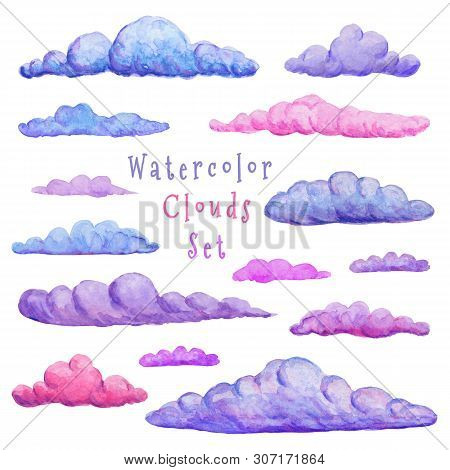 Watercolor Clouds Collection. Different Variation Of Clouds. Modern Abstract Sticker Set. Hand Drawn