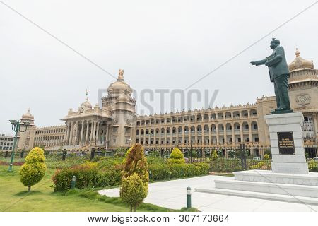 Bangalore, India - June 2, 2019 : Statue Of Dr. B.r. Bhimrao Ambedkar Holding Indian Constitution Po