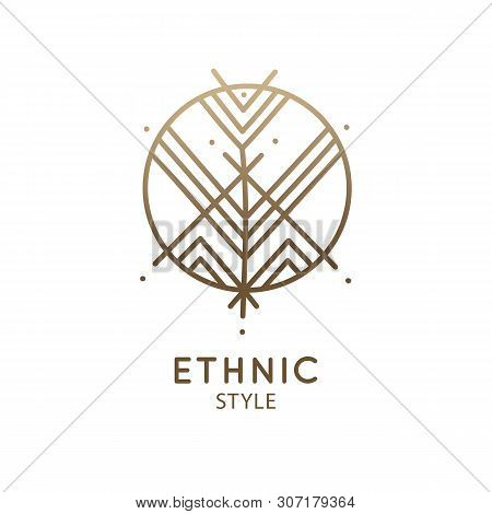 Abstract Mountain Logo. Vector Geometric Round Badge. Sacred Decorative Symbol. Outline Icon Of Abst