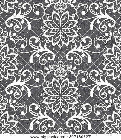 Seamless Vector Pattern - Lace Design With Flowers And Swirls, Detailed Ornament In White On Gray Ba