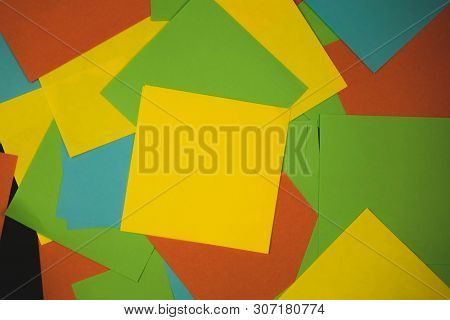 Different Color Paper Stickers With Pins Isolated On Black Background.