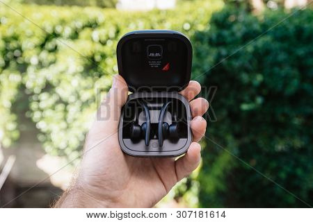 Paris, France - Jun 17, 2019: Powerbeats Pro Beats By Dr Dre Wireless High-performance Earphones Cha