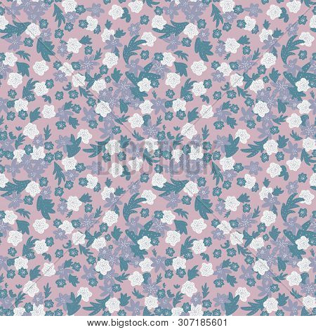 A Seamless Vector Pattern Background With Flowers And Leaves In Pastel Pink Teal And Grey. Surface P