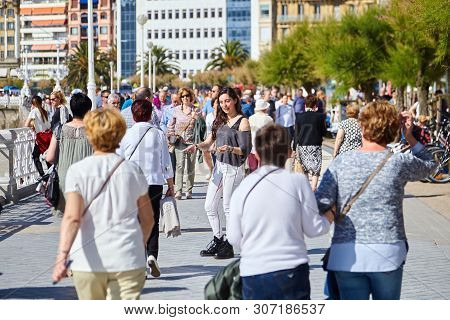 San Sebastian (donostia), Basque Country, Spain - June 17, 2018: Kontxa Pasealekua. Tourists Stroll 