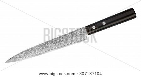 Japanese Damascus Steel Knife For Thin Slicing Fish Seafood And Sushi. Kitchen Knife Isolated On Whi