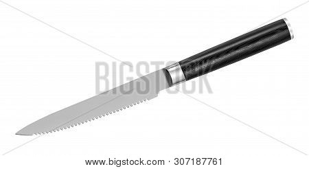 Japanese Steel Steak Knife On White Background. Kitchen Knife Isolated With Clipping Path. Top View.