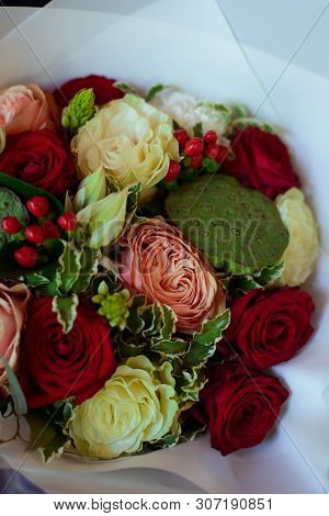 The Most Beautiful Flowers, Magnificent Bouquets Of Flowers On The Leg In The Interior Of The Restau