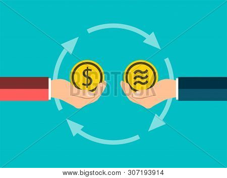 Business Coin Concept.exchange Coins Dollar To Libra By Hand To Hand.vector Illustrator