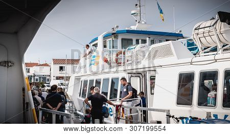 Ile D Yeu, France - September 16, 2018: Ferry That Enters The Harbor Of The Island Of Yeu Where Trav
