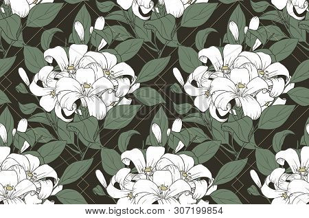 Seamless Pattern, Hand Drawn Orange Jessamine Flowers With Leaves And Rectangle Shape On Dark Backgr