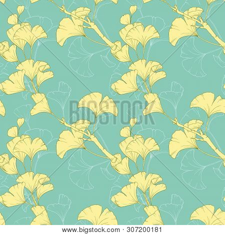 Seamless Pattern, Collage Arrangement Of Hand Drawn Ginko Leaves With Outline