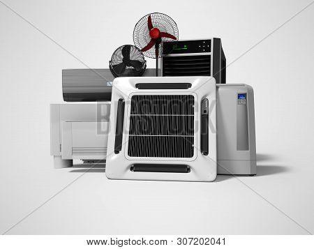 Concept Group Of Equipment For Cooling And Air Conditioning Of Large Rooms 3d Render On Gray Backgro