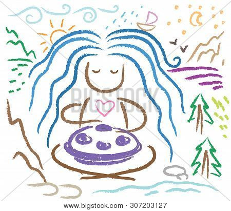 The Girl Plays The Hand Drum. Hang Drum, Hand Pan, Musical Instrument. Vector Illustration.
