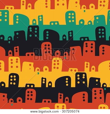 A Seamless Vector Stipes Pattern With Colorful Cityscape. Surface Print Design.