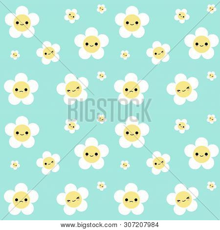 Seamless Pattern Daisy Flower On Green Background