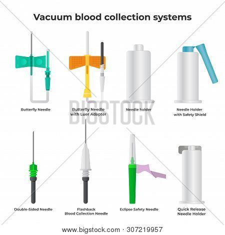 Vacuum Blood Collection Systems In Flat Design Vector Illustrations Isolated On White Background. Do