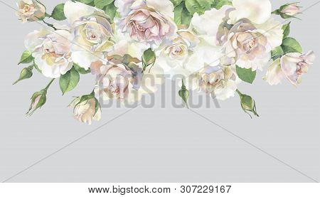 Bouquet Of Watercolor Roses On A Gray Background