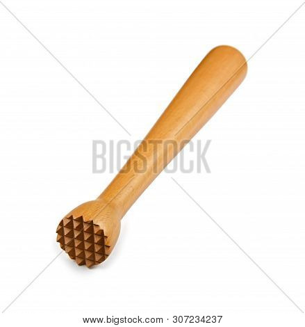 Close Up Traditional Brown Wooden Muddler To Mash Fruits For Mojito Isolated On White Background, Hi