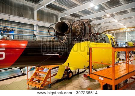 Tyumen, Russia - June 5, 2019: Aircraft Repair Helicopter Utair Engineering Plant. Eurocopter Helico