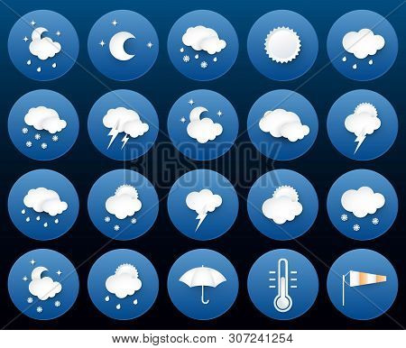 Twenty Blue Weather Circle Paper Icons Set.