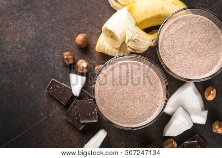 Chocolate Banana Coconut Hazelnut Milkshake Or Smoothie. Healthy Organic Drink.
