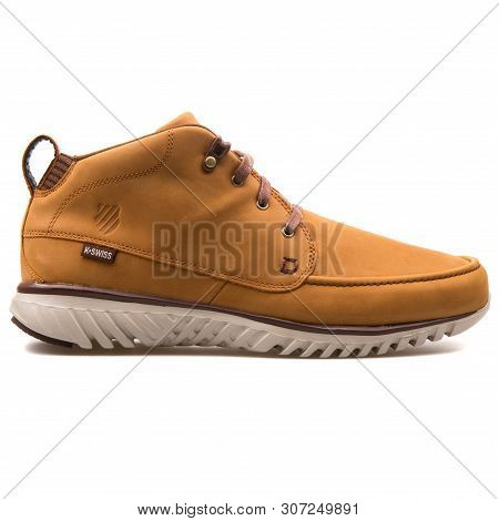 Vienna, Austria - August 25, 2017: K-swiss Blade Light Landcruiser Brown Sneaker On White Background