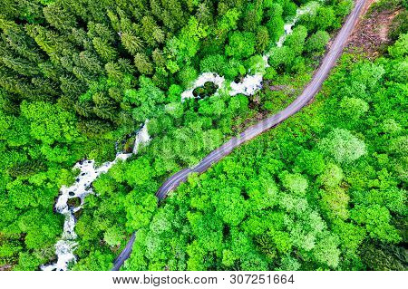 Top View Of A River And A Road In The Pontic Mountains, In Northern Anatolia, Turkey