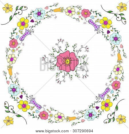 Vector  Draw Celebrate Holiday Wreath. Round Spring Flower Frame. Circle Beautiful Flowers Petals De