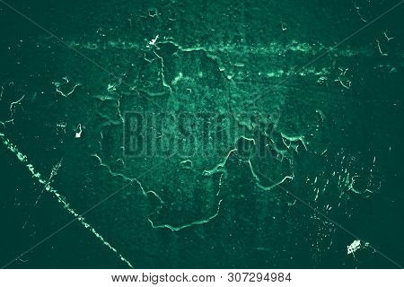 Vintage Green Background. Rough Painted Wall Of Emerald Color. Imperfect Plane Of Virid Colored. Une