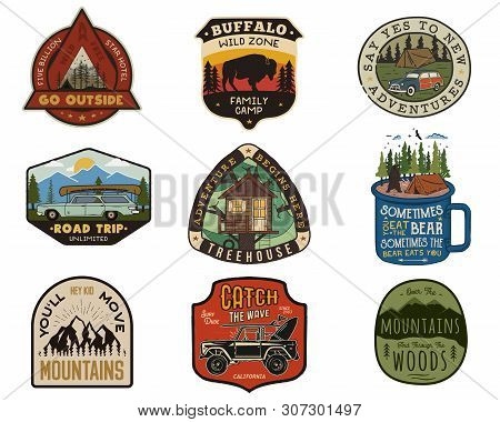 Vintage Travel Logos Patches Set. Hand Drawn Camping Labels Designs. Mountain Expedition, Road Trip,