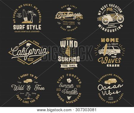 Vintage Surfing Graphics Set And Emblems For Web Design Or Print. Surfer Logo Templates. Surf Badges
