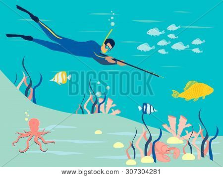 Spearfishin, Underwater Hunting. In Minimalist Style. Cartoon Flat Vector