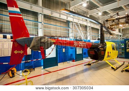 Tyumen, Russia - June 5, 2019: Aircraft Repair Helicopter Utair Engineering Plant. Robinson R44 Heli