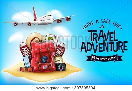3d Realistic Travel Items Like Airplane, Backpack, Sneakers, Mobile Phone, Passport And Sunglasses I