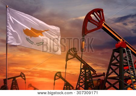 Cyprus Oil Industry Concept, Industrial Illustration. Cyprus Flag And Oil Wells And The Red And Blue
