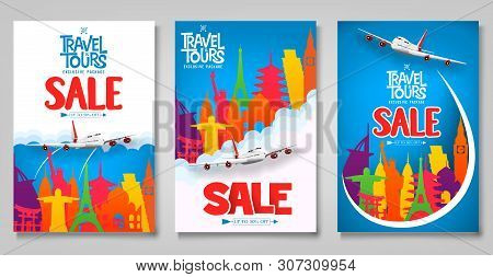 Travel And Tours Sale Promotional Posters Template Set With Colorful World Famous Landmark Icons For