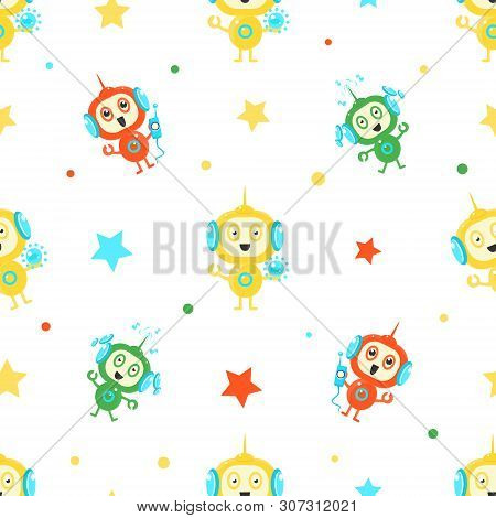 Cute Funny Robots Seamless Pattern, Friendly Alien Or Robot Design Element Can Be Used For Fabric, W