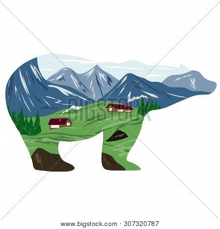 Graphic Illustration In The Form Of A Silhouette Of A Bear And Nature Inside. Mountain Landscape Wit