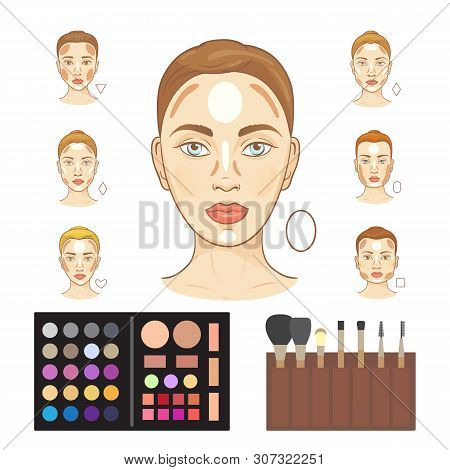 Vector Infographic Of Woman Faces Highlighting Makeup Trend - Strobing. Faces With Different Highlig