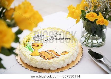 First Holy Communion Concept, Beautiful Cake With Text In Italian: First Holy Communion And Yellow R