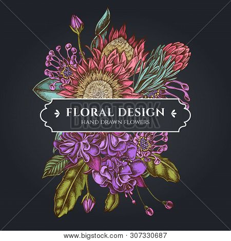 Floral Bouquet Dark Design With African Daisies, Fuchsia, King Protea