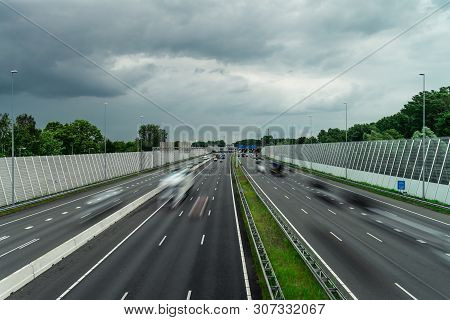 Traffic On The Highway, Ring East A10, Motion Blurred Traffic, 06/14/2019 Amsterdam The Netherlands