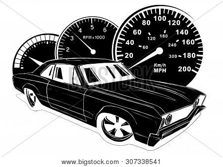 Retro Muscle Car Vector Illustration. Vintage Poster Of Reto Car. Old Mobile Isolated On White.