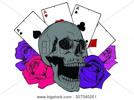 Aces Of Poker And Roses With Skull, Grunge Vintage Vector