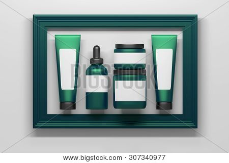 Set Of Green Cosmetics Packaging Bottles Tubes Collection With White Blank Clear Labels Inframed In 