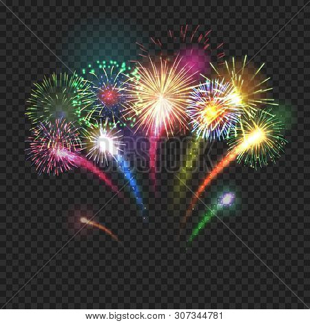 Bursting Fireworks Festive Background With Brightly Shining Sparks. Realistic Fireworks Explosions V