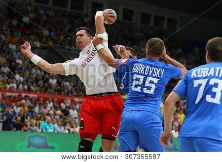 Kyiv, Ukraine - June 12, 2019: Rasmus Lauge Schmidt Of Denmark Throws A Ball During The Ehf Euro 202